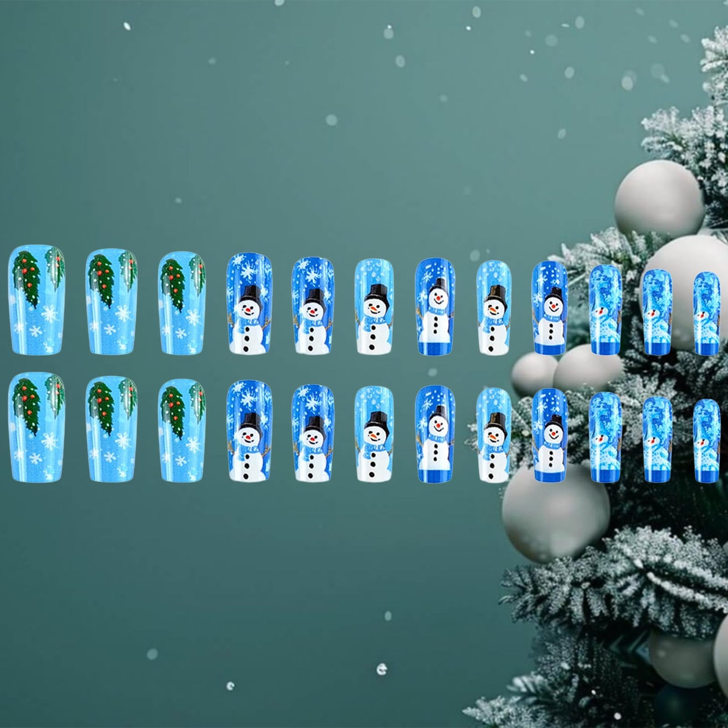 24Pcs Snowflake Press on Nails Glossy Green Xmas Tree Acrylic Fake Nail Snowman Gel Glue on Nail Snow Stick on Fingernails Christmas Medium Square False Nails for Women Gift