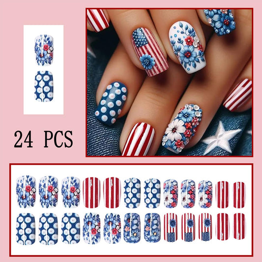 24Pcs Independence Day Flowers Press on Nails Short Square 4th of July Fake Nails Patriotic Red White Stripes Design False Nails Full Cover American Flag Nails for Women Manicure Decoration