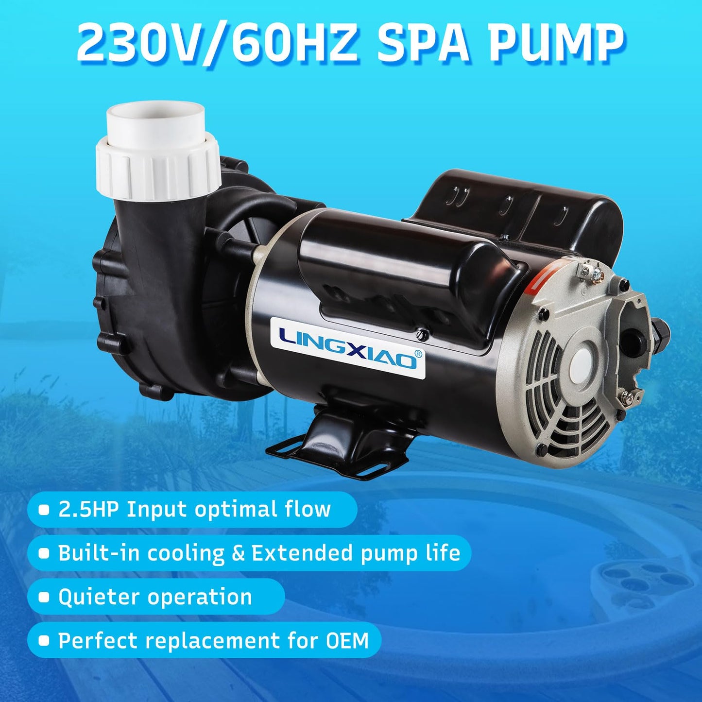 LINGXIAO SPA Pump, 2.5HP Hot Tub Pump - 48 Frame(Y) LX SPA Motor 2 Speed, 230V, 2" Port - (Model: 48WUA1502C-II)