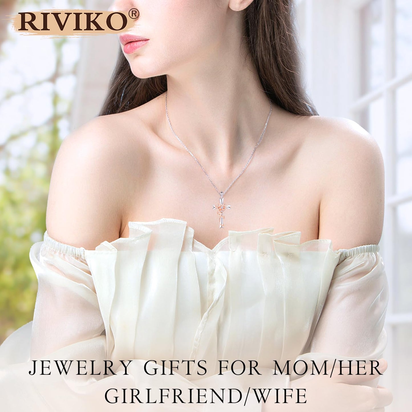 RIVIKO 925 Sterling Silver Cross April Birthstone Necklace for Women Cross Rose Pendant Necklaces Trendy Valentine's Day Christmas Jewelry Anniversary Jewelry Birthday Gift for Women Her Wife Girlfriends Daughter