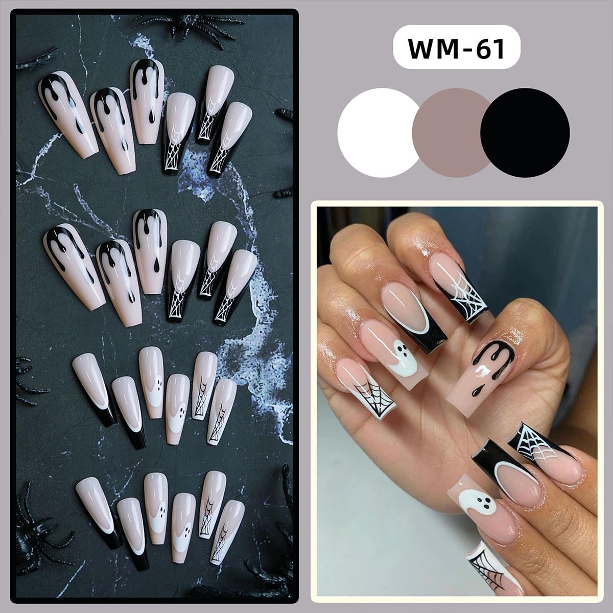 Halloween Press on Nails Long Coffin Fake Nails Cute Ghost False Nails with Designs Spooky Spider Web Glue on Nails Full Cover Nude Acrylic Nail White Black French Tip Nail for Women 24 Pcs