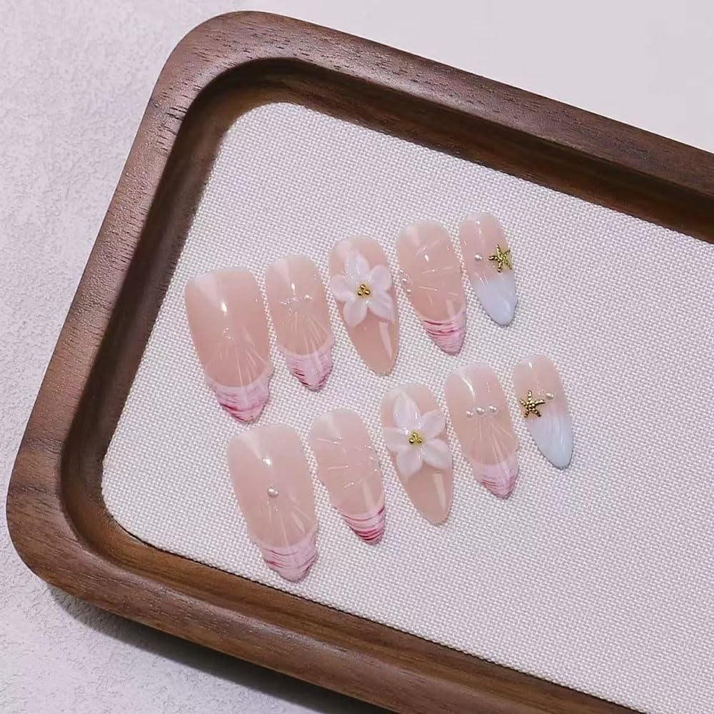 10Pcs Medium Almond Handmade Press On Nails | Easy Apply & Remove, Reusable Salon Quality Nails | Sheer Nude Beach Themed Fake Nails with 3D Seashell & Floral Accents (A022, XS)
