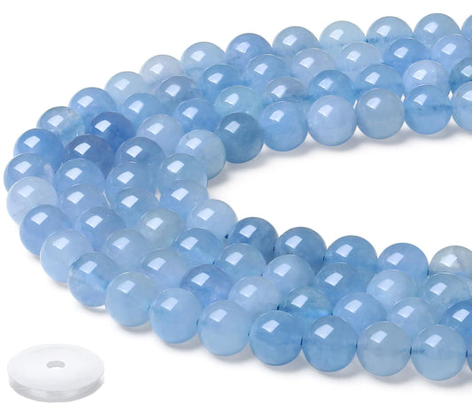 NUKAYAI Natural Stone Beads 100pcs 8mm Blue Aquamarine Round Stone Beading Loose DIY Smooth Beads for Bracelet Necklace Earrings Making