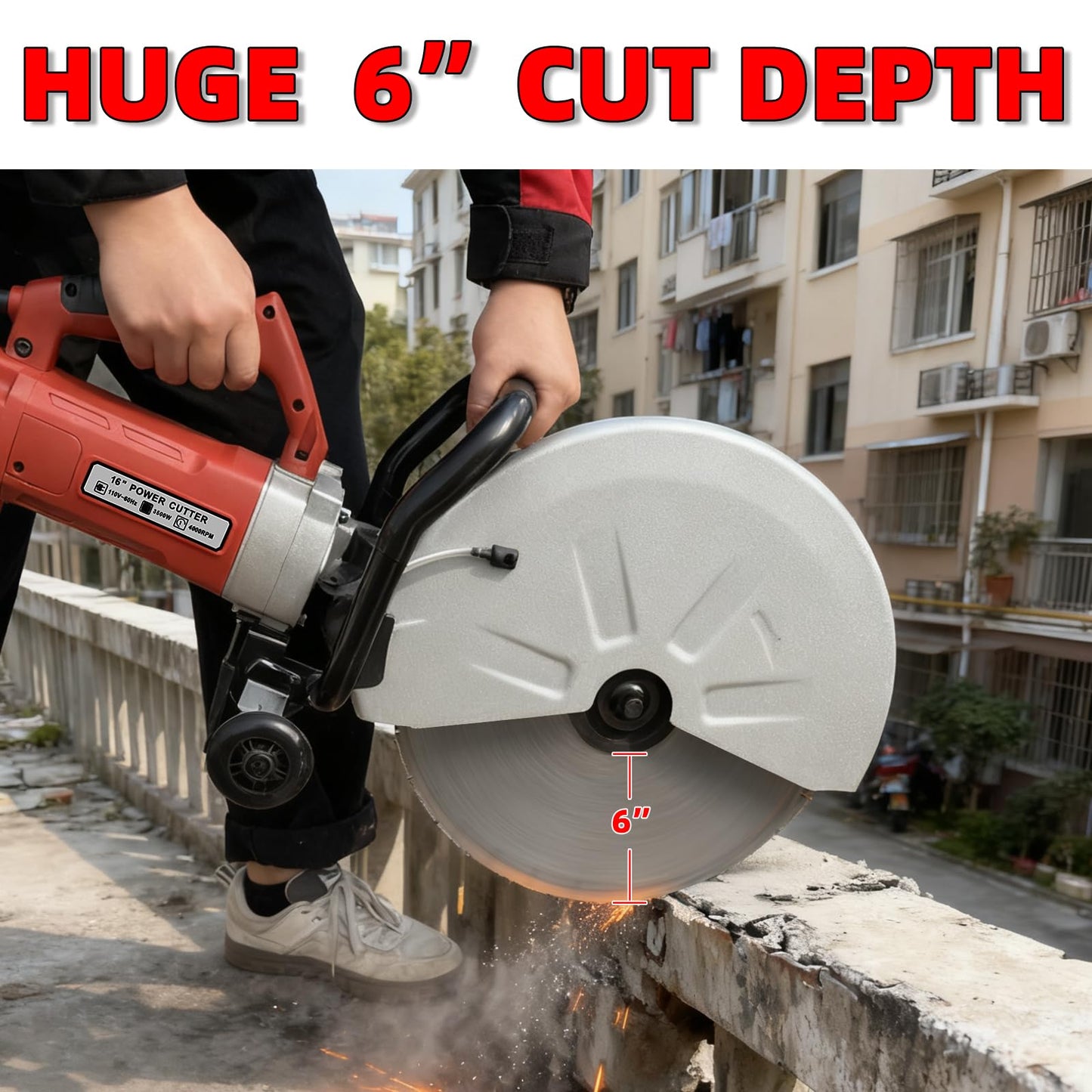 JKCHENPRO 3500W Electric Concrete Saw - 16" Cut-Off Saw with Diamond Blade, 6.1" Max Cutting Depth, 110V Power for Asphalt & Masonry