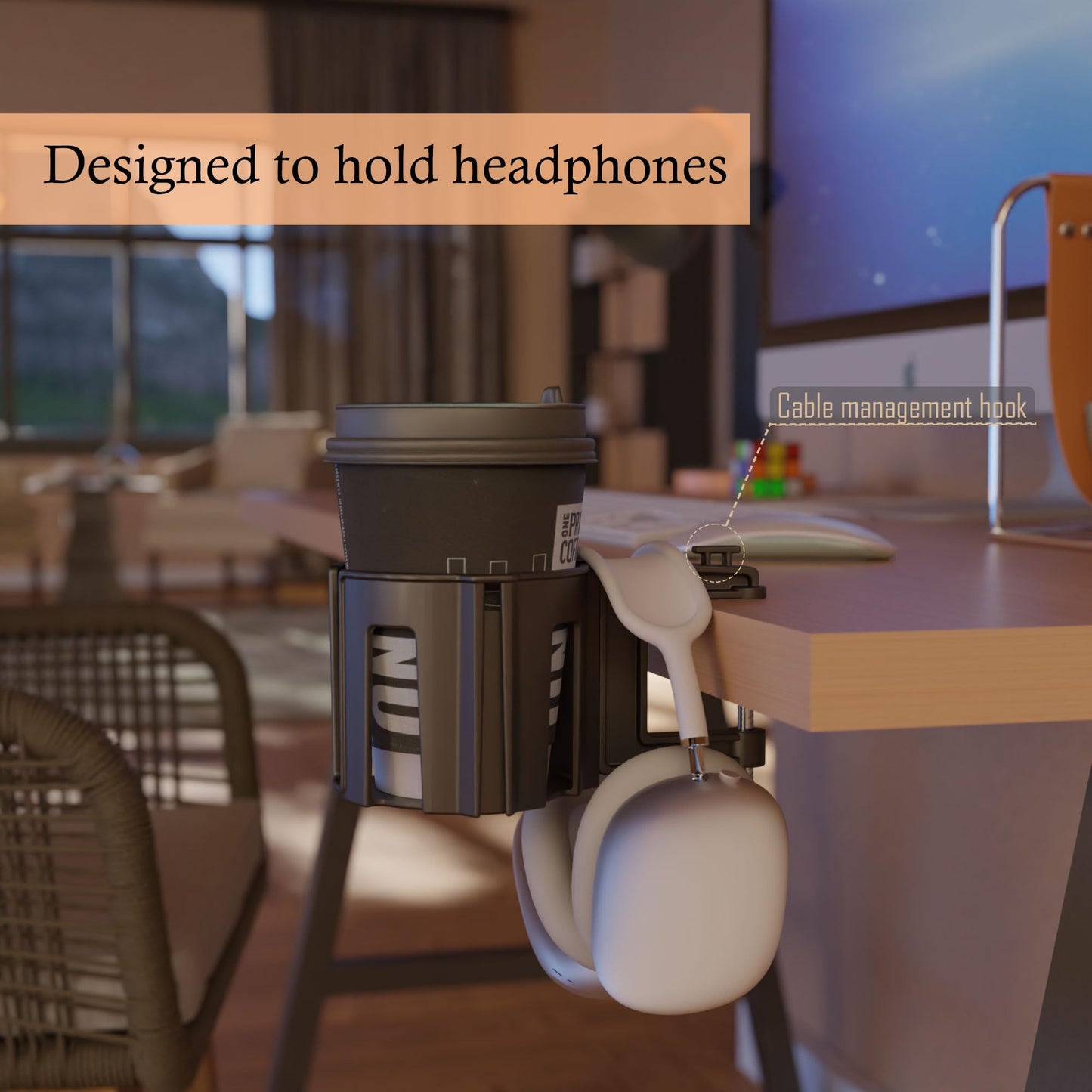 Original Large Desk Cup Holder Clamp – Cup-Holster, The Anti-Spill Cup Holder Mount for Your Table, Office & Gaming Setup – Multi-Directional Drink Holder & Headphone Hanger