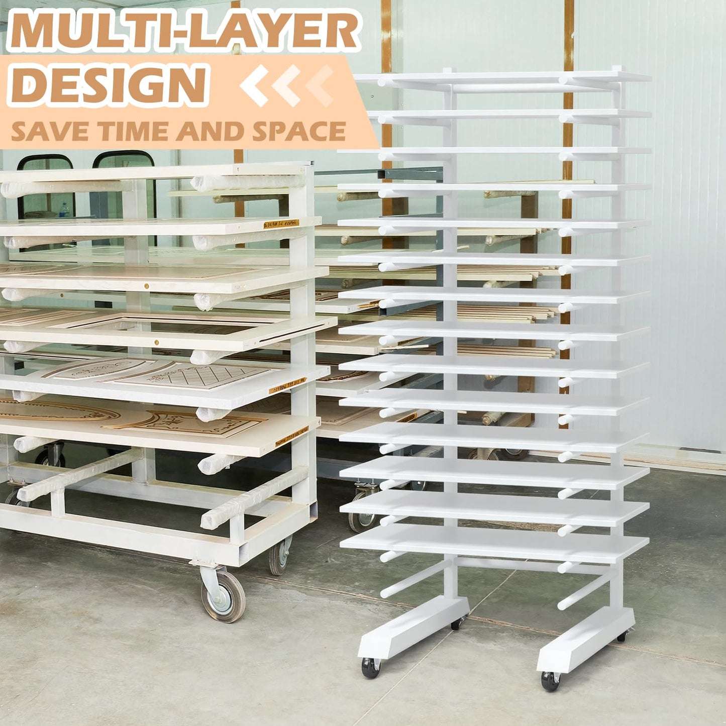 Colingmill 1 Pack 15 Tier Cabinet Doors Paint Drying Rack with Casters 16 in Rods 20 in Base White Powder Coated Iron Detachable Crossbars Space Saving for Painted Wood Panels Doors