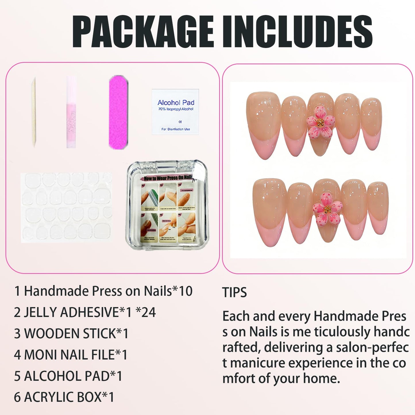 Handmade Press On Nails Medium Almond Pink And Delicate Carved Ppeach Blossoms Reusable Wedding Prom And Festival Gift Handmade Acrylic Press On Nails Aacrylic Nail (M)