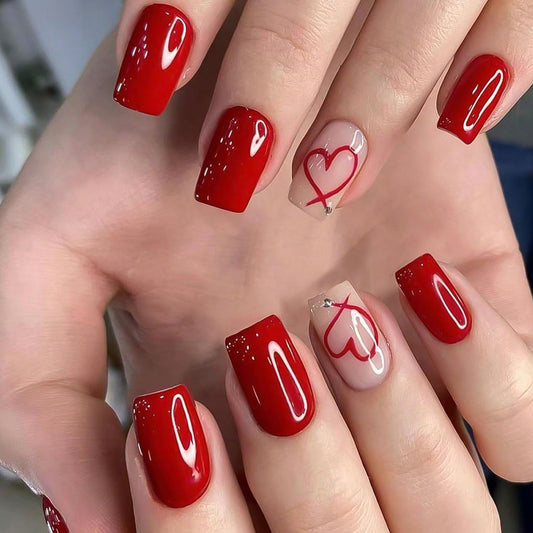 Valentines Press on Nails Short Square Artificial Acrylic False Nails Translucent Red Love with Rhinestones Full Cover Glossy Heart Stick on Nail Artificial Fingernails for Women Festival Manicure