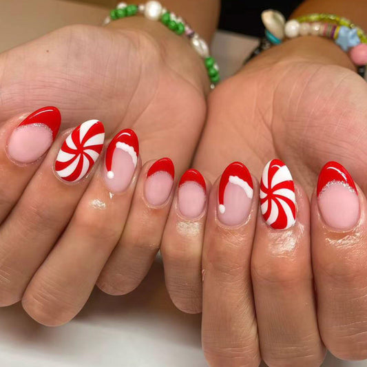Christmas Press on Nails Short Oval French Tip Fake Nails with Swirl Glitter Designs Christmas Nails Press ons White Red Glossy Acrylic Nail Winter Stick on Nail for Women 24 Pcs