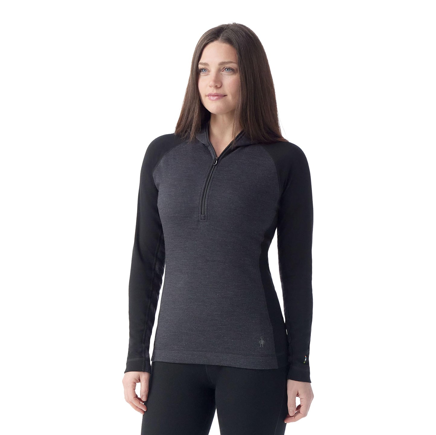 SmartWool Womens Classic Thermal Merino Base Layer 1/2 Zip Hoodie Black-Charcoal Heather Medium
