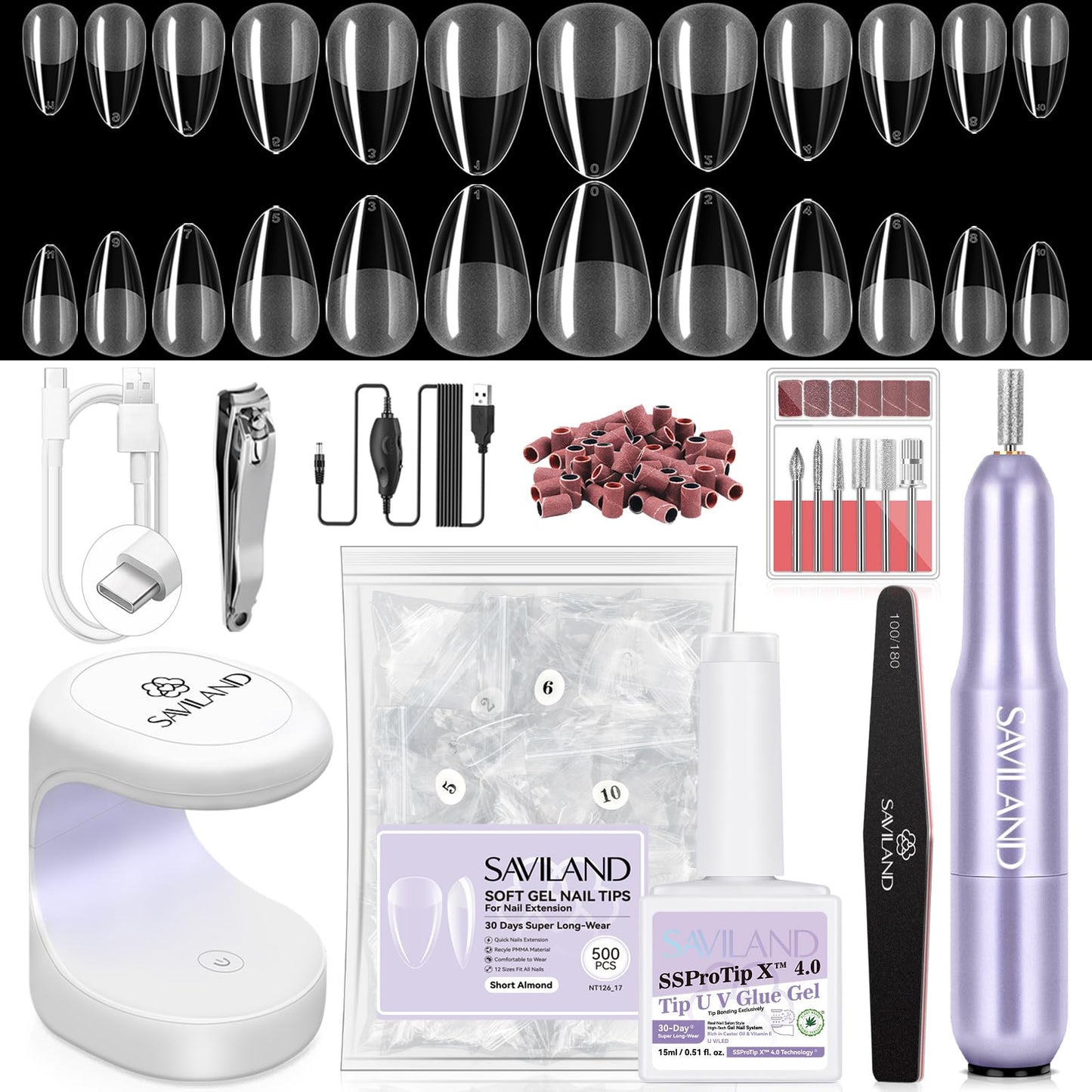 SAVILAND Pro Gel Nail Kit with Drill: Short Almond Tips 12 Sizes Gel Nail X Kit 500 PCS Strong Nail Glue U V Nail Lamp for Nail Extension Salon DIY Home Gift for Women