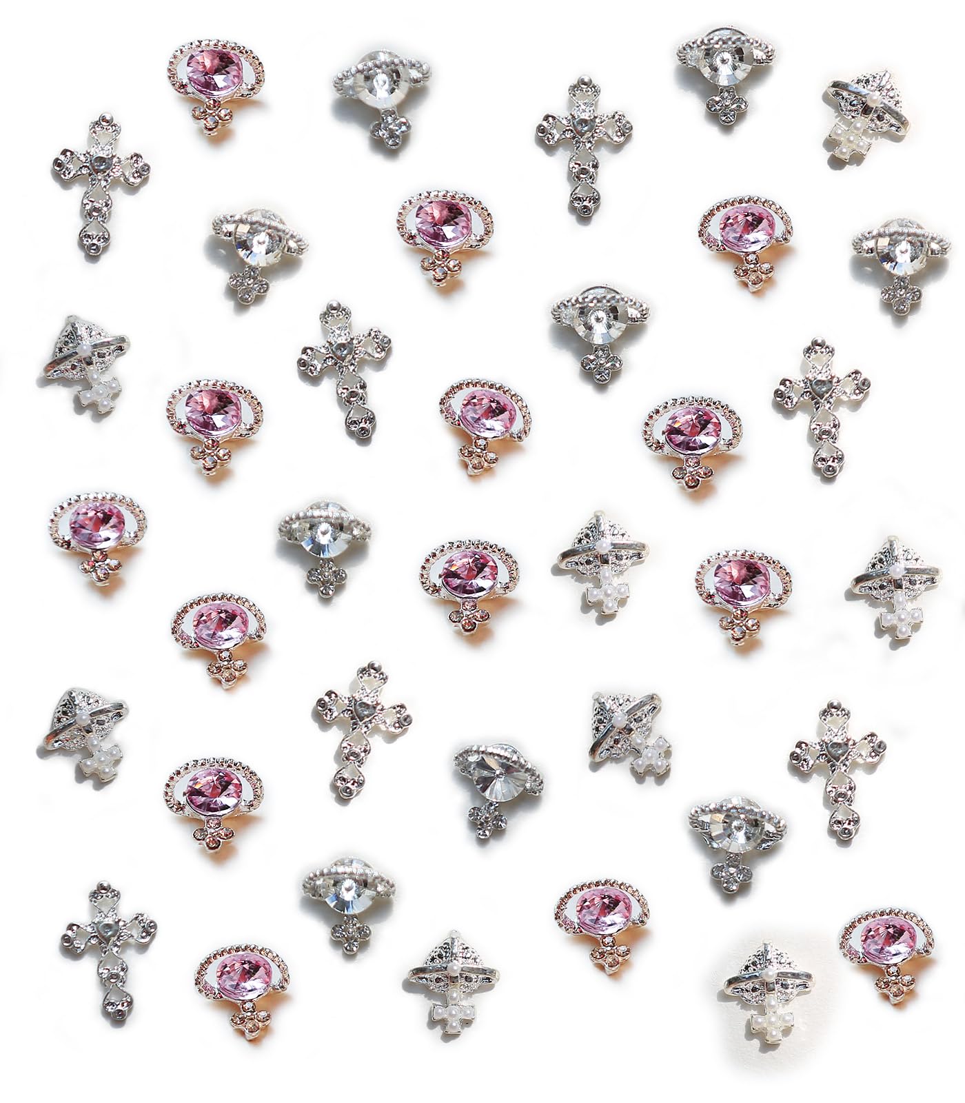 60pcs Planet Nail Charms with Gems, Y2K Sliver Cross Nail Art Charms, 3D Chrome Nails White Pink Saturn Shape Shiny Rhinestones Nail Supplies, Crystal Acrylic Charm for Women