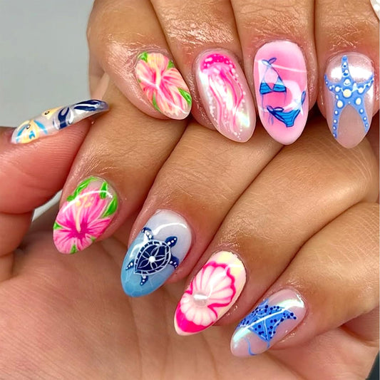 Summer Ocean Press on Nails Flowers Medium Almond False Nails with Starfish Sea Turtle Design Full Cover Glue on Nail Marine Animals Reusable Acrylic Fake Nails Artificial Stick on Nail for Women