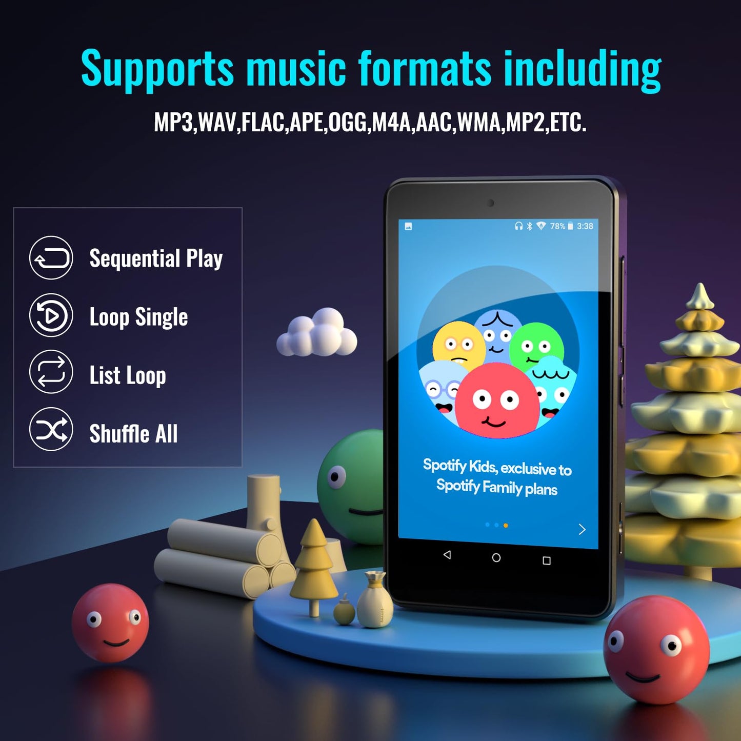 MP3 Player for Kids with Spotify, App Store, Parental Controls, Spotify Kids, YouTube, Amazon Music, Libby, 4.0" IPS MP4 Music Player Up to 1TB (Black)