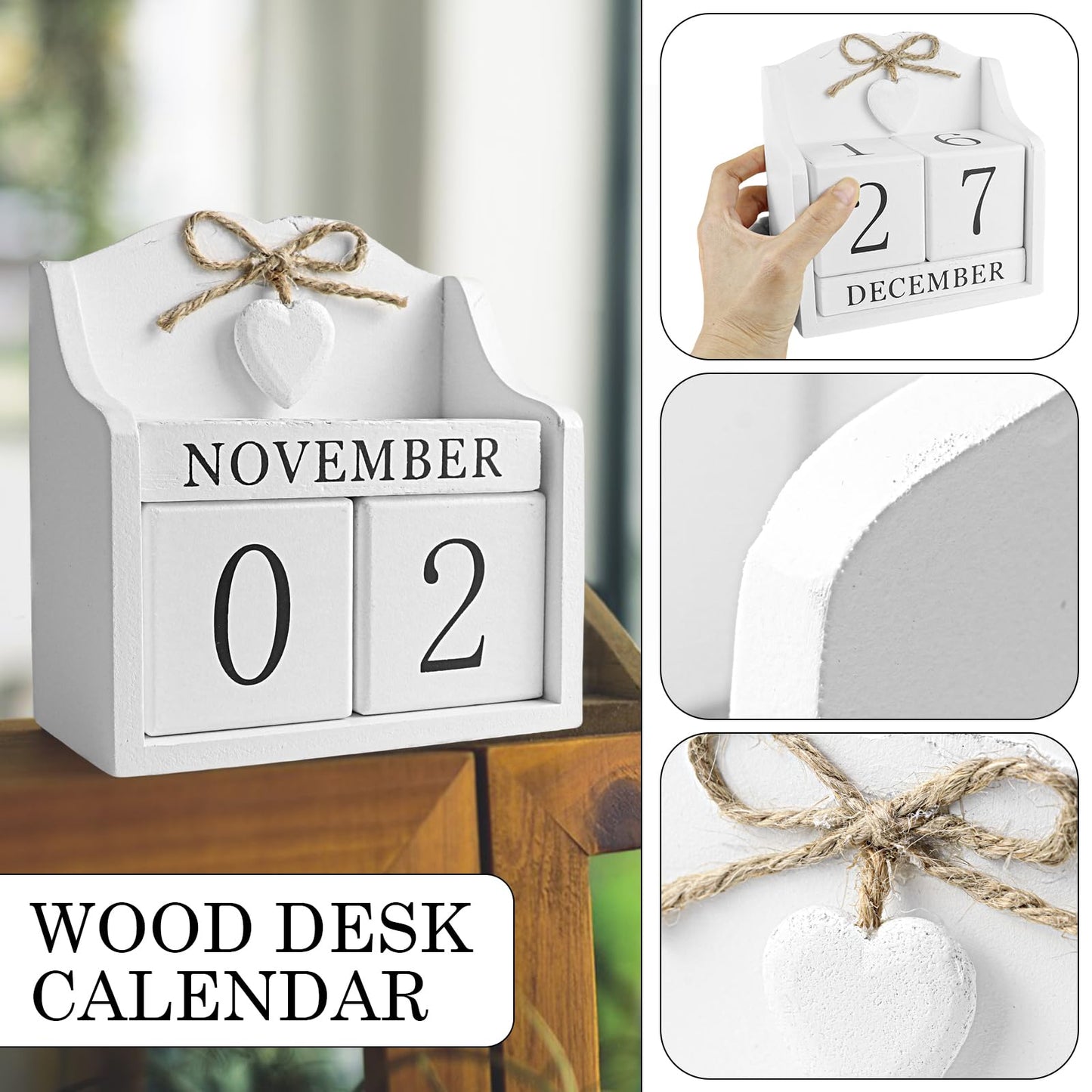 Rustic Wooden Desk Calendar - Adjustable Perpetual Cube (5.7x5.9in), White European-Style for Home Office Decor, Photography Prop