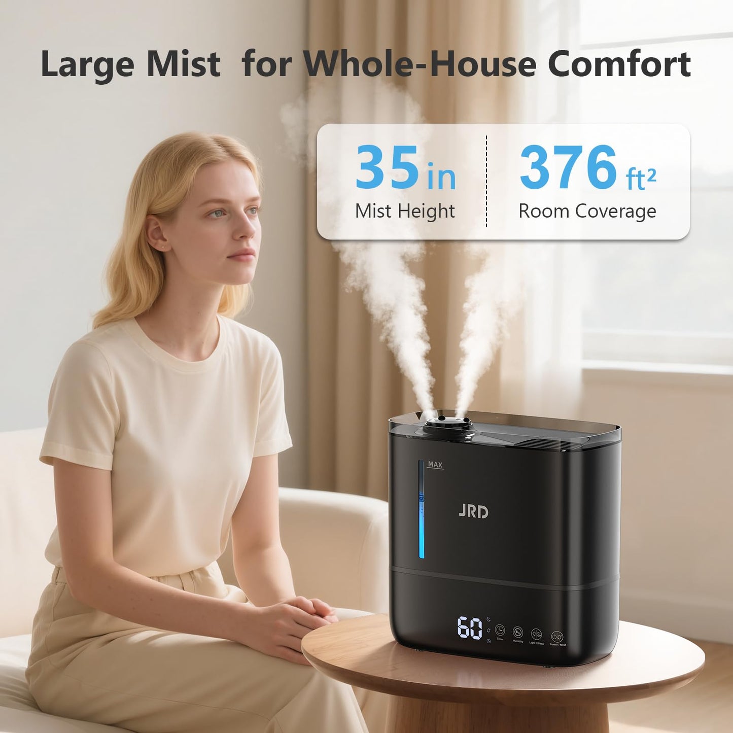JRD Humidifiers for Bedroom, Ultrasonic Humidifier 4L for Large Room, Cool Mist Top-Fill, 40H Run, 12H Timer, 360° Nozzle, Aroma Diffuser, 7-Color Night Light for Home, Office, Baby, Pets, Plants