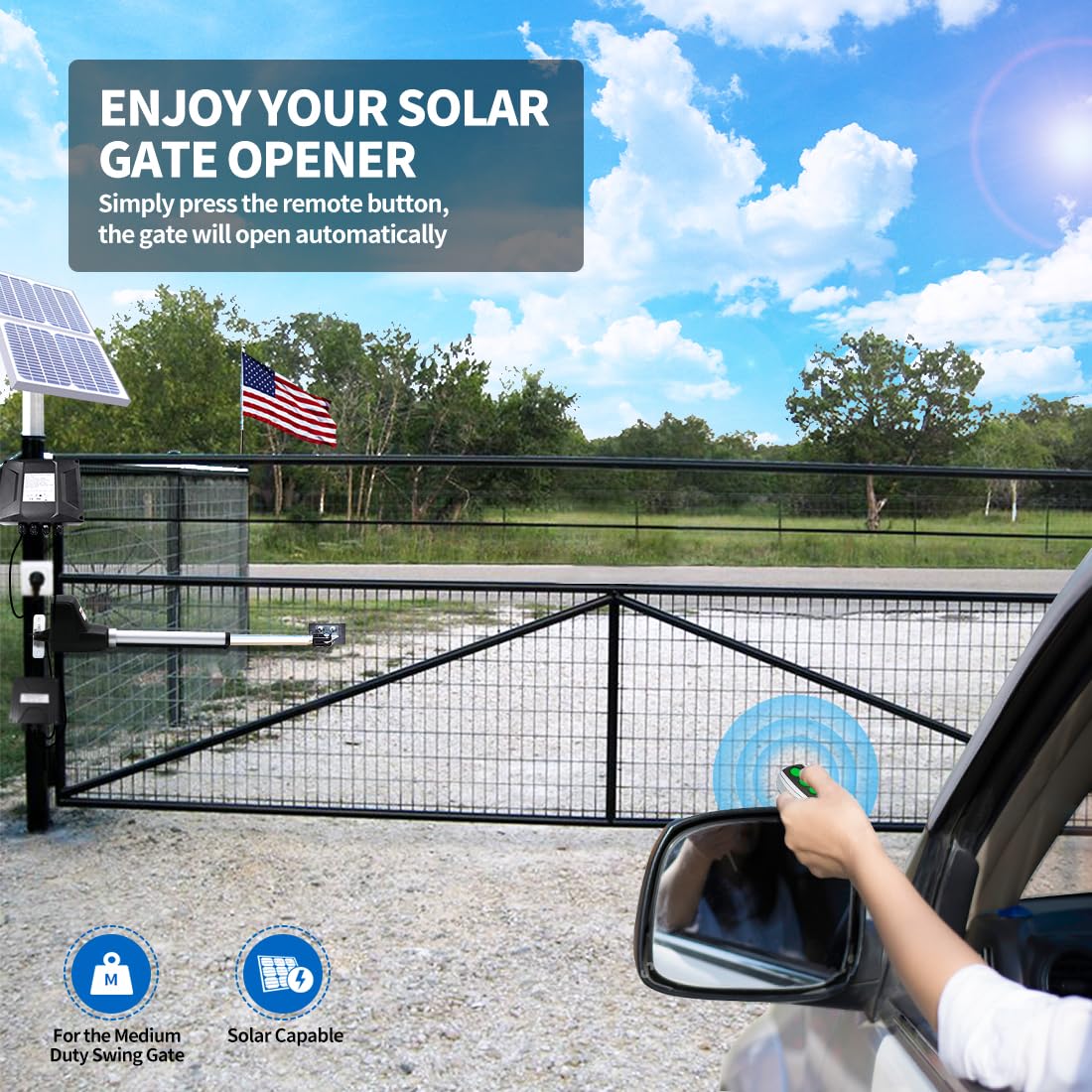 TOPENS AT6131S Solar Single Swing Gate Opener Medium Duty Automatic Gate Motor for Single Swing Gates Up to 18ft, Electric Driveway Gate Operator AC Powered with Solar Panel Remote Control Kit
