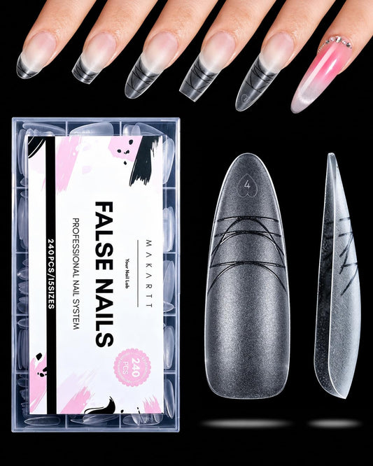 Makartt Long Almond Nail Tips: with Scales for Convenient Shape, Matte, 240 PCS, 15 Sizes, Fake Nails Stiletto - Full Cover Acrylic Press On Nail Extensions Manicure DIY Home for All Nail Beds