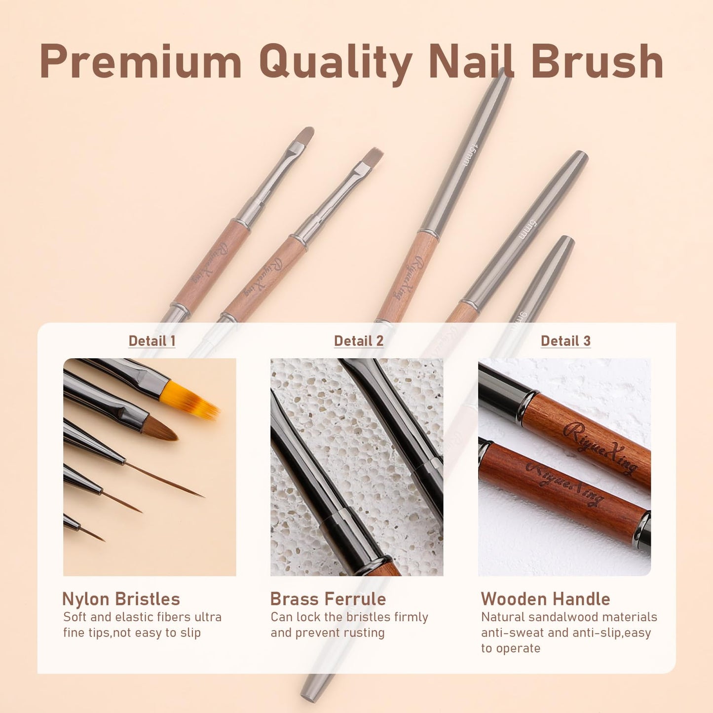 RIYUEXING Nail Art Bushes Set - Professional 5Pcs Double-Ended Nail Brush for Art, Long Lines, Ombre & 3D Design Nail Brush Pen for Gel Polish Manicure DIY Home Salon