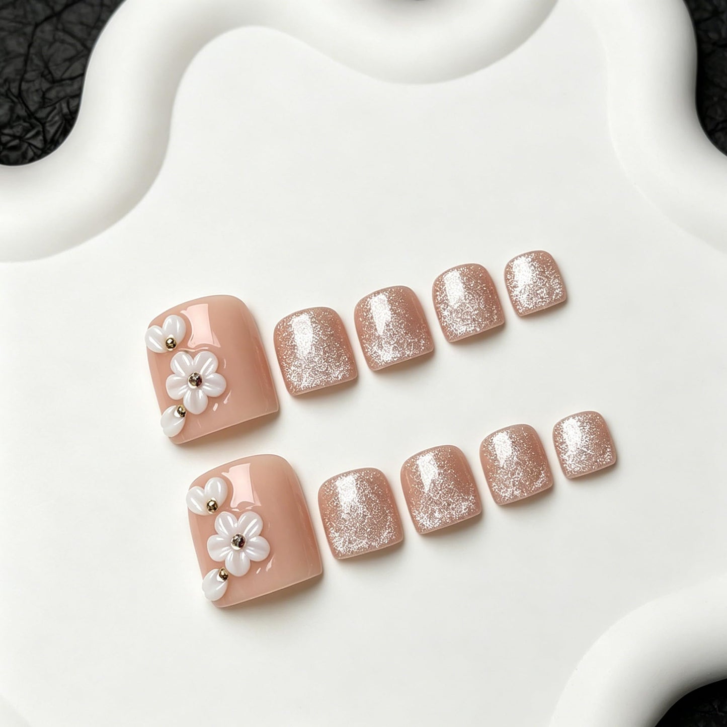 Handmade Press on Toenails Nude Short Square Fake Toenails with 3D Flower & Rhinestone Muti-Layer Gel Thick Stick on Toe Nail Glitter Full Cover Acrylic Nails for Women Daily Wear & Parties (M)