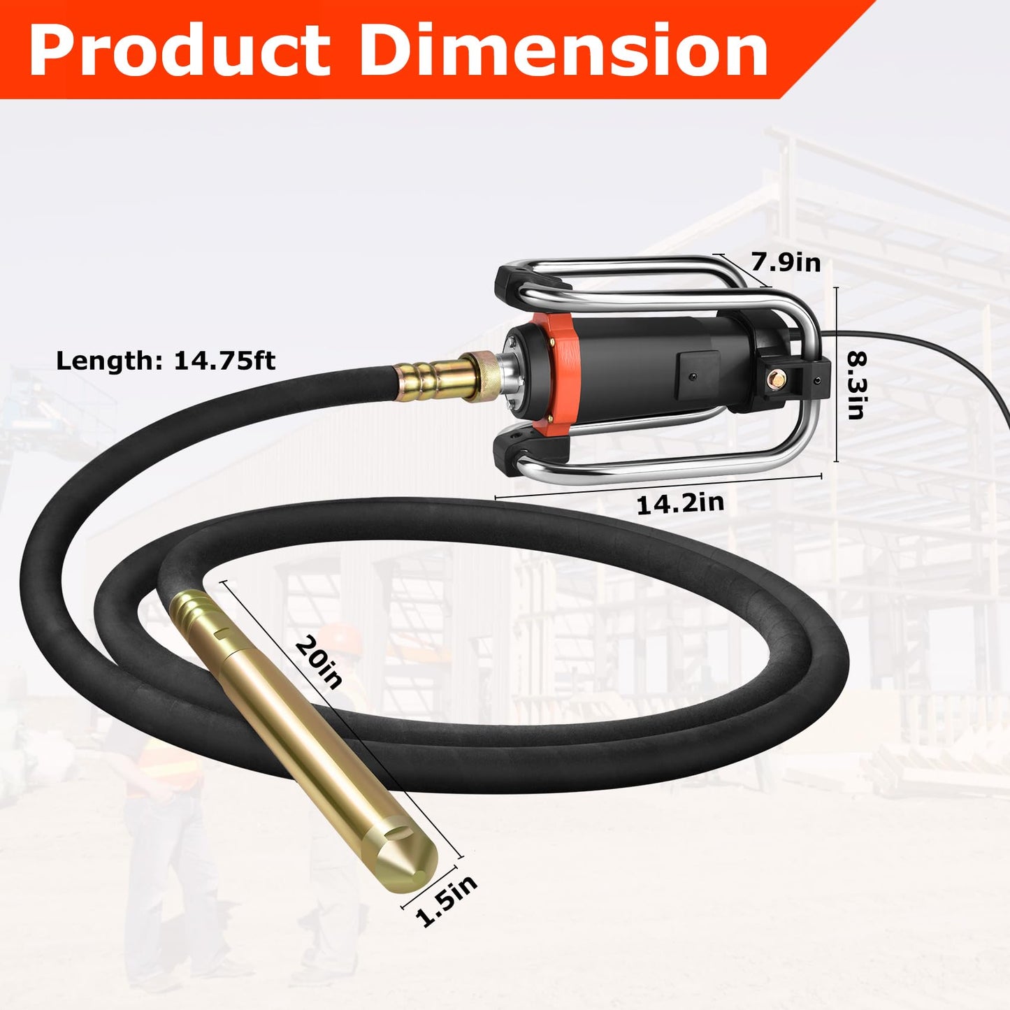 Seeutek Hand Held Electric Concrete Vibrator Motor 1500W 16000 RPM Portable Construction Insertion Vibrator Remove Air Bubbles and Level Concrete with 4.5 M (14-3/4feet) Long Shaft