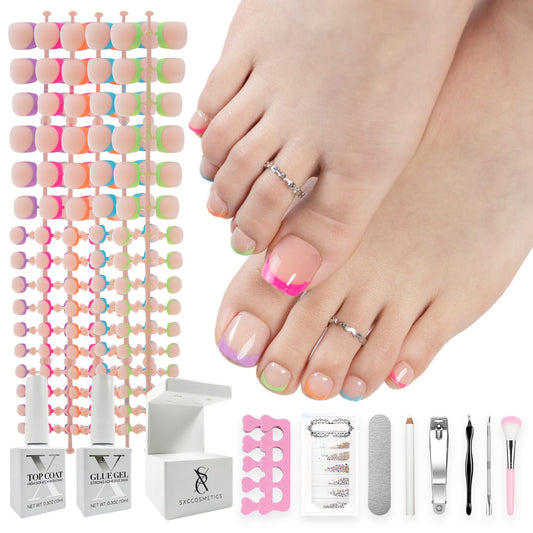 SXC Cosmetics X-Pro Tips French Tip Press On Toenails for Women, Acrylic Soft Gel System (Short French Pastel Glow, Short)