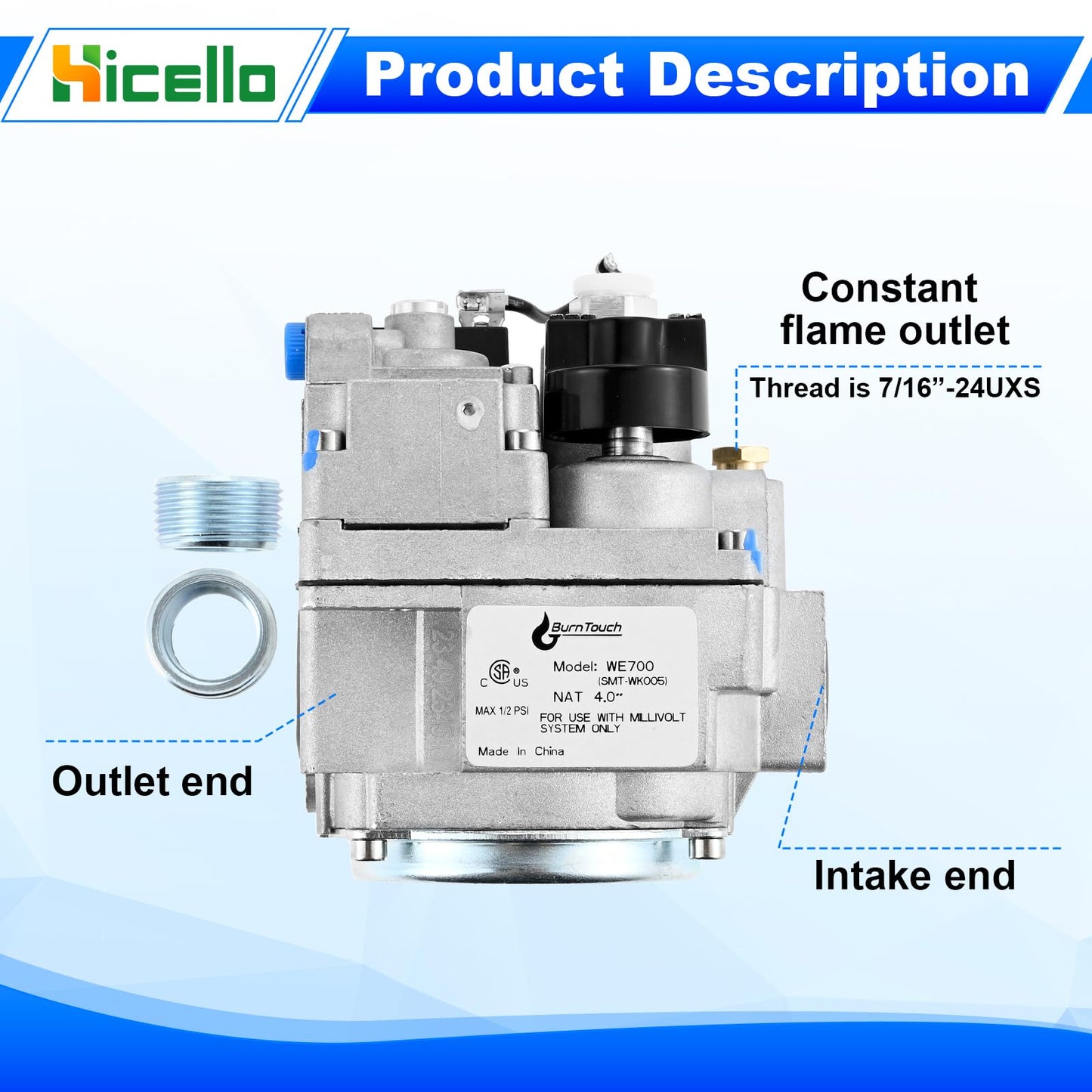 Hicello Replacement for Robertshaw 700-506 Millivolt Gas Valve - 700 Series 200,000 BTU/H Fast Opening, Compatible with Natural Gas Water Heaters, Furnaces & Commercial Gas Fryers