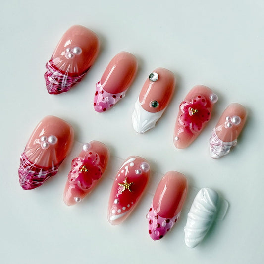 Haozerart Luxury Handmade Press On Nails - Medium Almond Fake Nails French Style With Red 3D Floral And Raised Shell Accents Salon Quality Reusable Nails For Women 10PCS Size M