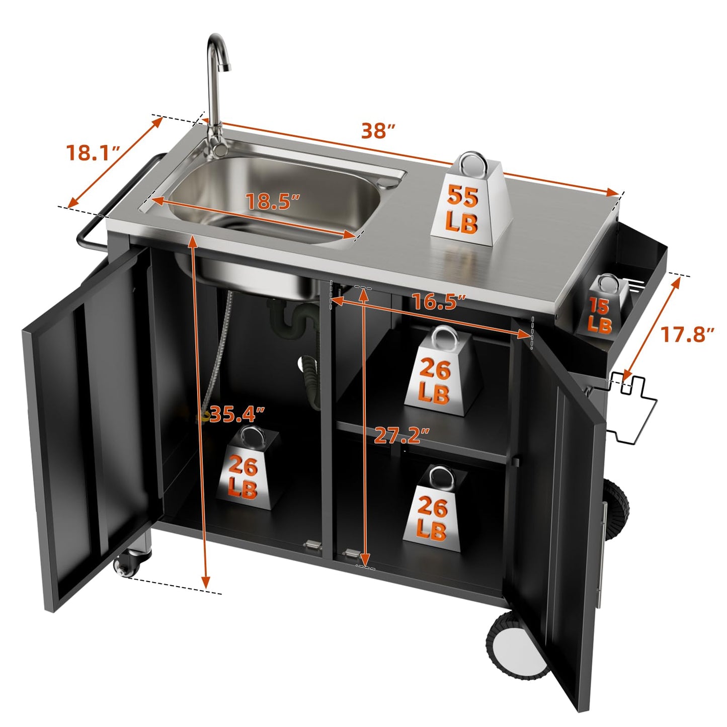ahomrt Outdoor Grill Table with Sink, Grill Cart with 304 Stainless Steel Sink and Cabinet, Outdoor Grill Cart,Outdoor Cart Sink Station with Wheels, 38in x 18in x 35in