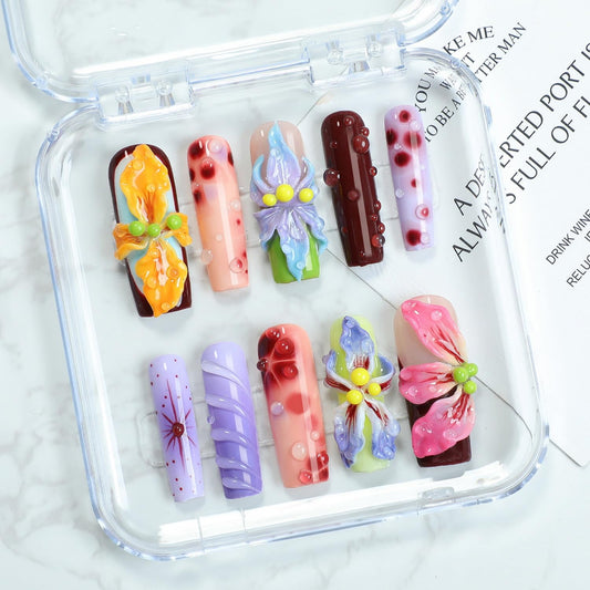 Flower Press on Nails Handmade Long Coffin Muti-Layer Gel Fake Nails Gradient Floral 3D Waterdrop Pattern Design Spring Summer Multicolor Thick False Nails French Tip Acrylic Nails for Women (Size S)