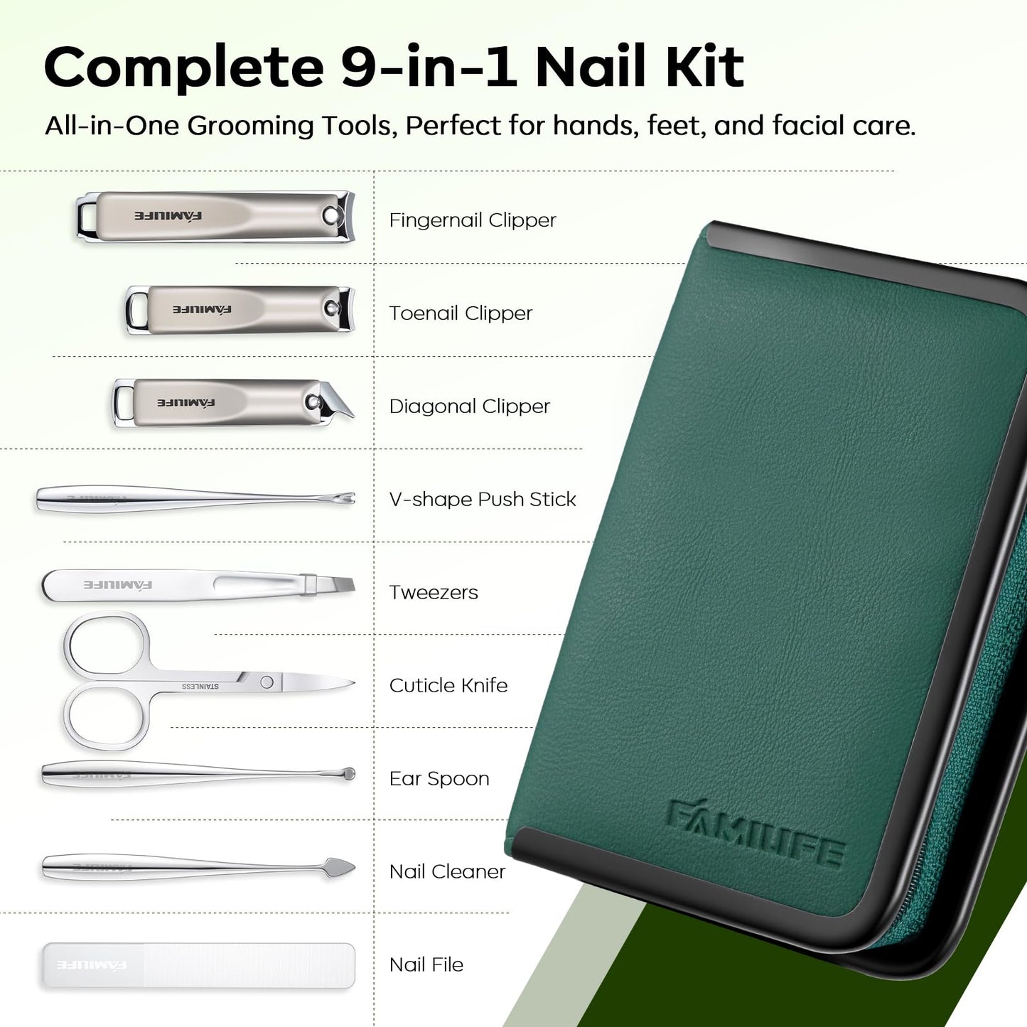 FAMILIFE Manicure Kit for Women, 9 Pcs Carbon Steel Nail Grooming Kit with Compact Case, Stylish Green Travel Manicure Set for Home, On-the-Go Care, Daily Use Nail Clipper Set (Green)
