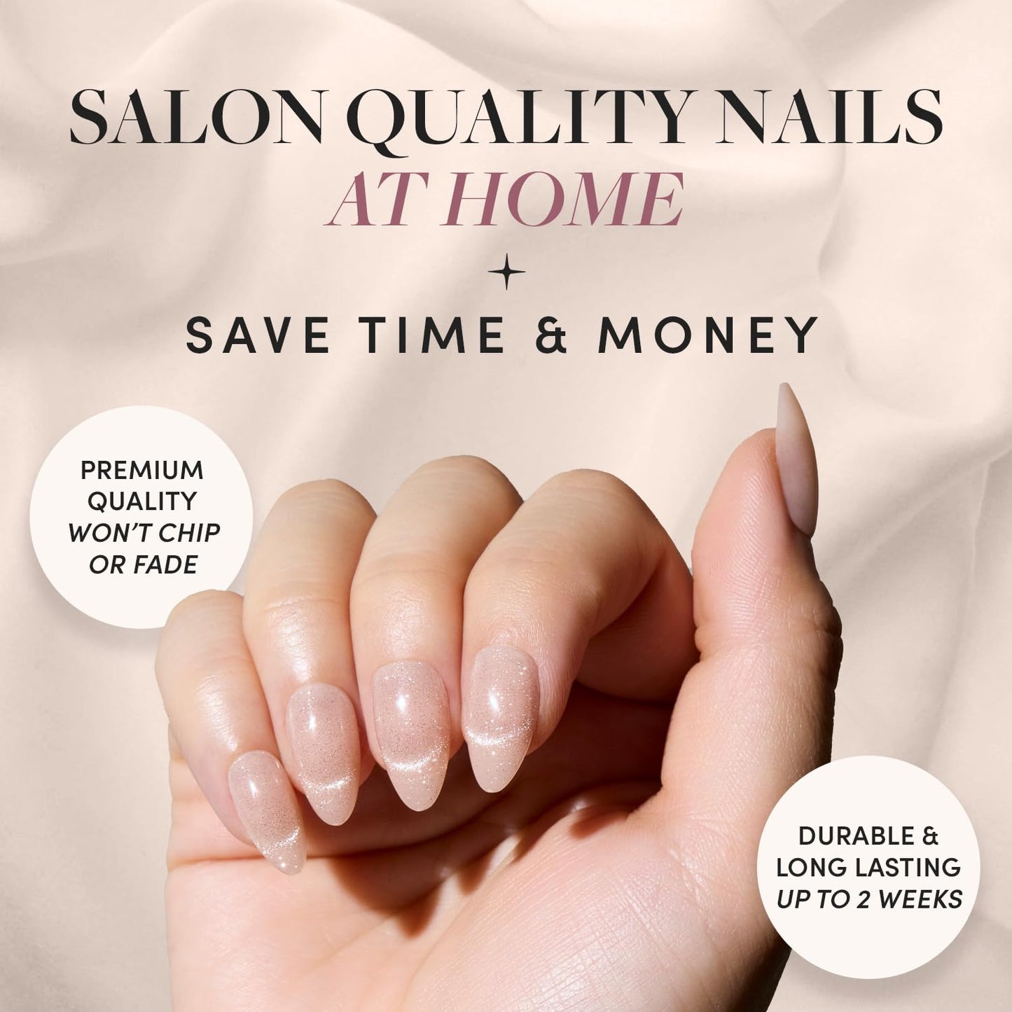 Glamnetic x GLAMZILLA Press-On Nails & Adhesive Nail Tabs - NOT YOUR CINDER-ELLA | Short Almond Nude Fake Nails with Velvet French Tip Effect | 15 Sizes - 30 Nail Kit with Adhesive Tabs