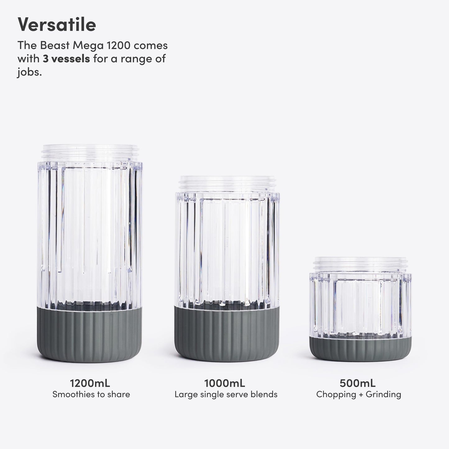 Beast Mega 1200 Plus | Premium Countertop Blender | Smoothies, Shakes, Sauces, Dips, Soups | Blends Ice and Frozen Fruit | XL Vessel | With Extra Vessels, Straw System | (Charcoal, 120V)