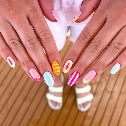 Flowers French Tip Press on Nails Medium Almond False Nails with Cute Little Fish Stripe Design Full Cover Glue on Nail Summer Reusable Acrylic Fake Nails Glossy Artificial Stick on Nail for Women