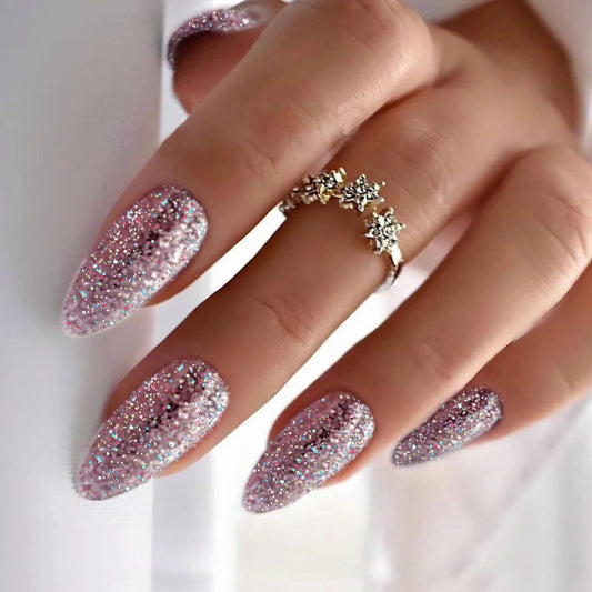 IMRAIN Glitter Press on Nails Medium Almond Pink Fake Nails Glossy Glue on Acrylic Nails Full Cover Sparkling Artificial False Nails for Women Girls 24Pcs
