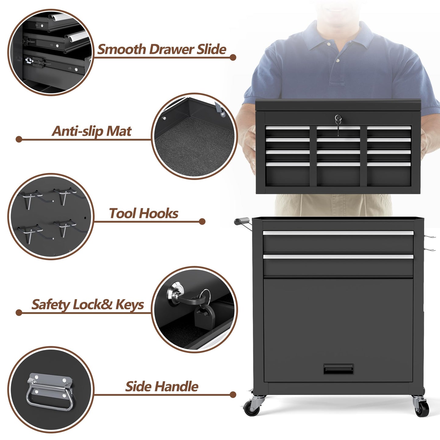 Raysfung Tool Chest, 8-Drawer Tool Chest, 2-in-1 Rolling Tool Storage Box with Lockable Wheels & Sliding Drawers, Detachable Top Tool Box, Metal Tool Storage Cabinet for Garage, Workshop