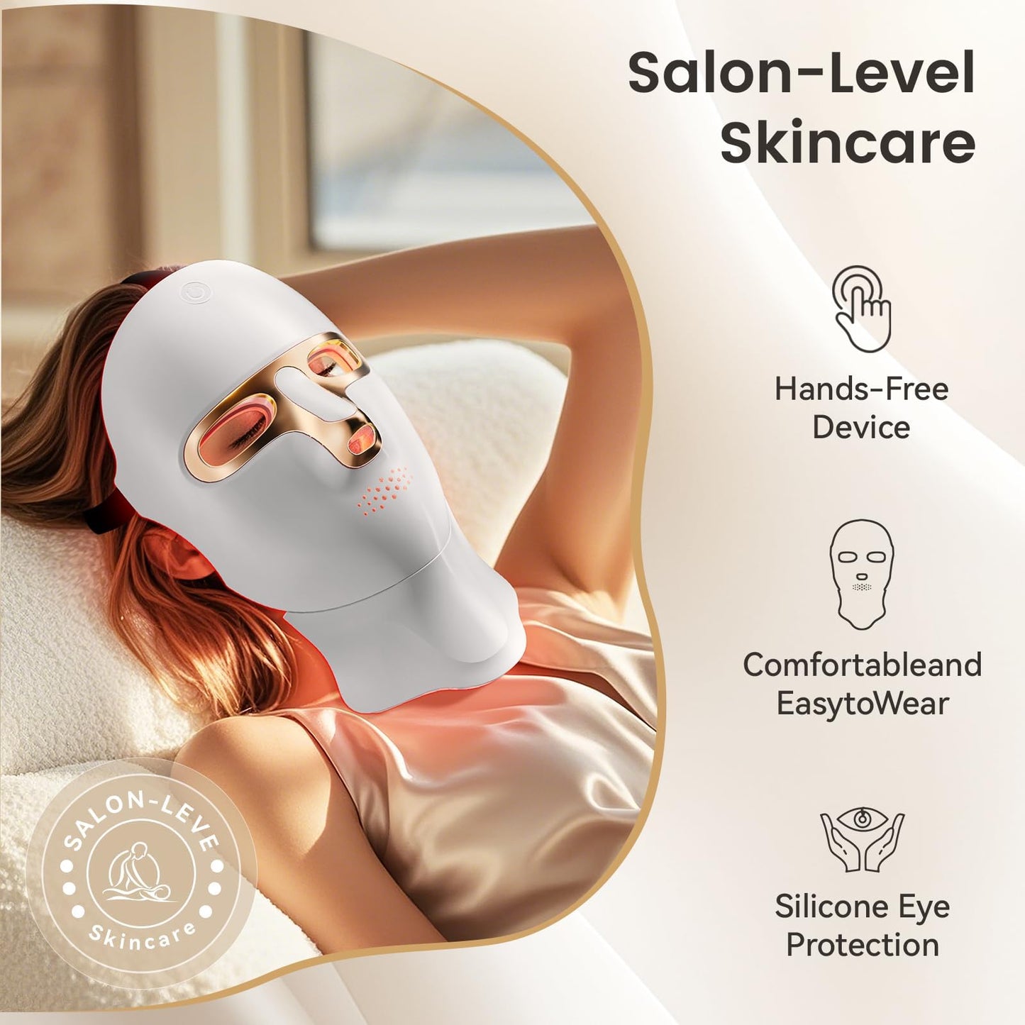 tinkoola Red Light Therapy Mask for Face & Neck, LED Face Light Therapy,USB C Rechargeable,Infrared Mask for Home Working Travel Yoga (White Gold)