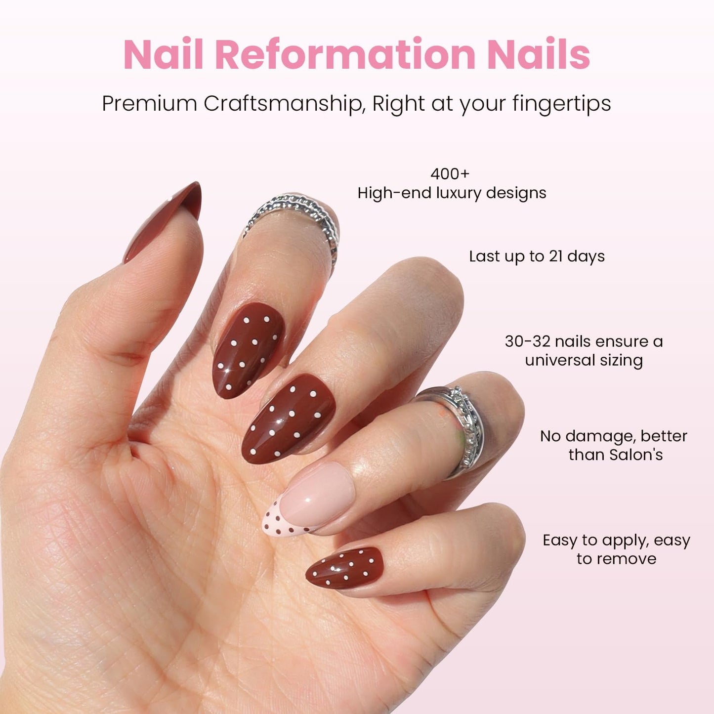 Nail Reformation Press On Nails, Chocolate Sprinkle | Polka Dot Short Almond Fake Nails in French Tip on Nude Base and Glossy Finish, Reusable Stick On Nails in 16 Sizes - 32 Nail Kit for Women Gifts