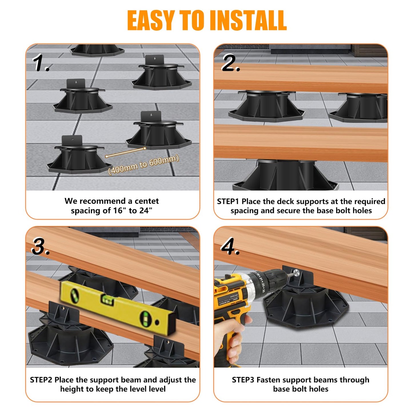 24 Pack Adjustable Deck Support Pedestal Deck Foundation Base Support，Used for Floating Deck Platform Deck Floor Height Adjustment Raising, Adjustment Raising from 2-3/8" to 5-1/2", Black