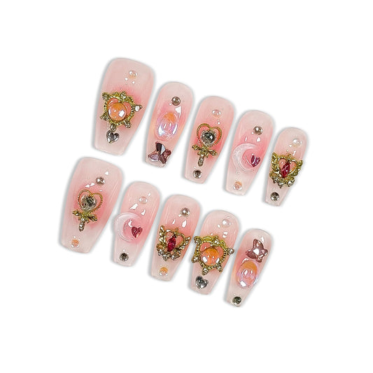 Hantyer Y2K Press on Nails with Tools Kit, Medium Long Coffin Glossy Nails, Fake Nails in Pastel Pink, False Nails with 3D Moon Charms, Kawaii Style for Anime Parties & Special Events(Size M)