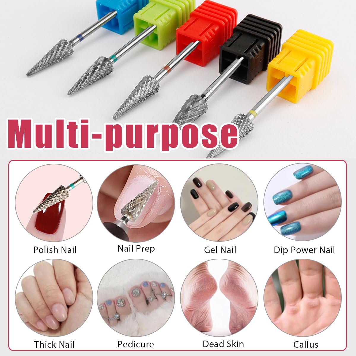 Evponk 5 Pcs Nail Drill Bits Set for Acrylic Nails, 3/32" Tungsten Carbide Nail File Bits Set XC, C, M, F, XF for Gel Polish Removal, Nail Art, Home Salon Use