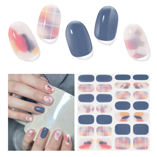 DUKASOU Semi Cured Gel Nail Strips,28 pcs Street Color Gel Nail Stickers with UV Light Required,Long Lasting Nail Art Stickers, Easy to Apply（Cream Blue）