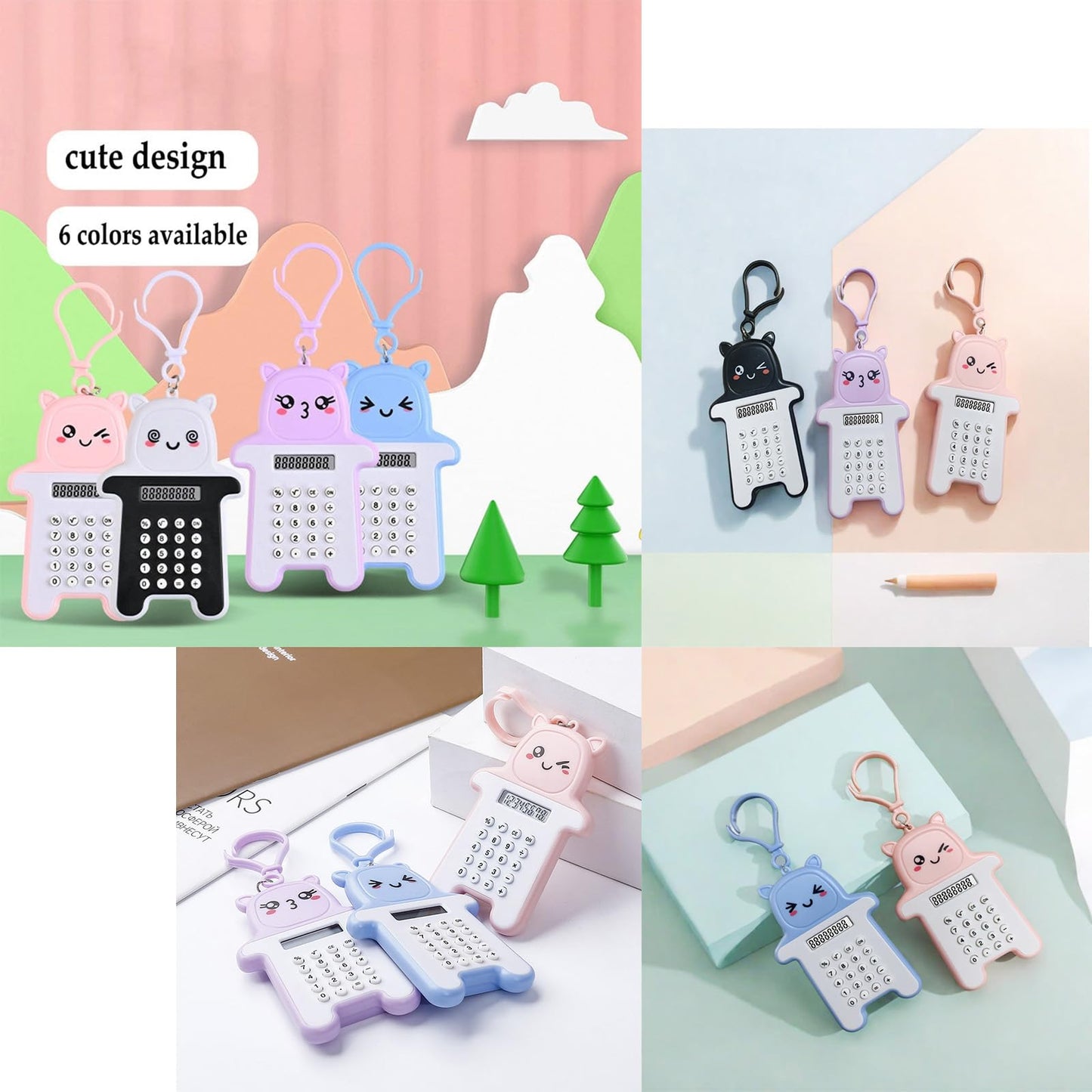 MLWSHR 6-Pack Cute Mini Keychain Digital Calculators, 8-Digit LCD Display, Cartoon Design, Portable for School & Office, Kids Calculator, Battery Powered (Included)