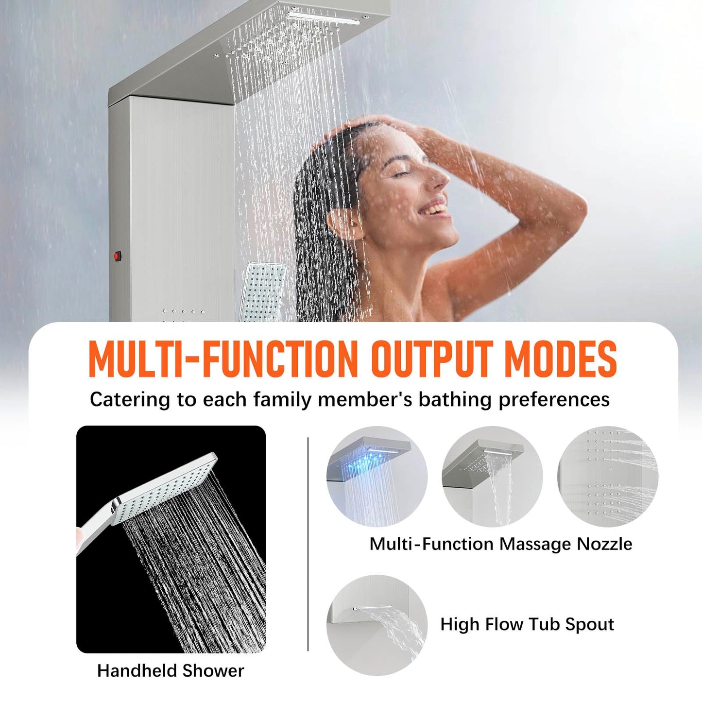 FUZ Shower Panel Tower System, Stainless Steel 5 IN 1 Shower Panel System with LED Fancy Rain Shower Head and Handheld, Adujstable Rainfall Massage Body Jets and Tub Spout, Brushed Nickel Shower Tower