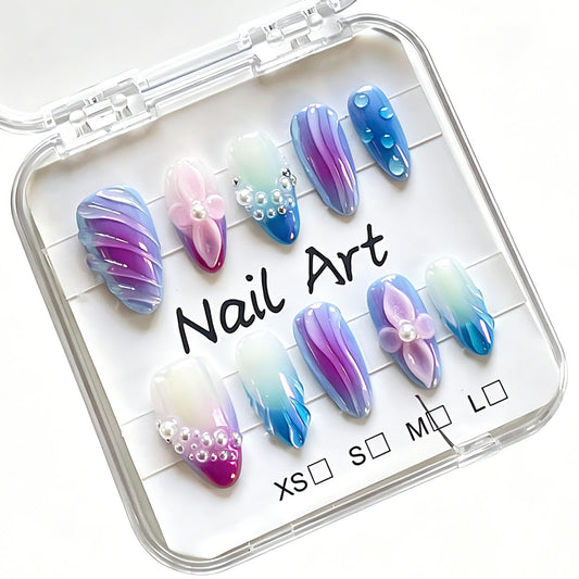 Almond Shape Handmade Press on Nails, Mermaid Tail Wave Texture 3D Floral Pearl Decor Aurora Gradient Luxury Party Style Reusable for Women 10 Pcs(Size M)