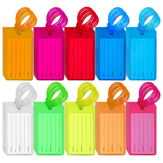 IANFAN 50 Pcs Luggage Tags for Suitcases, Plastic Backpack Bag Baggage Name Tag with Reinforcement Hole Waterproof Luggage Tag Suitcase Tags for Luggages Identifiers Colorful Baggage Name ID Labels