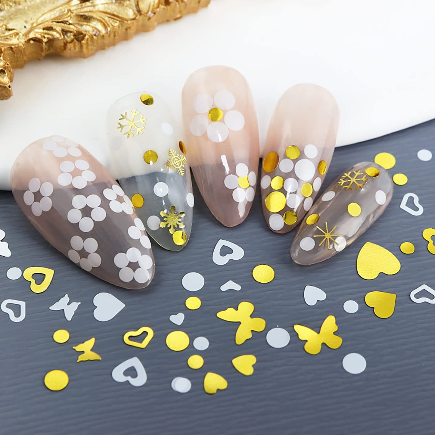 Gold Glitter Sequins, Holographic 3D Love Heart Butterfly Circle Glitter Flakes, Sparkly Gold White Nail Designs Set for DIY Shiny Nails Crafts