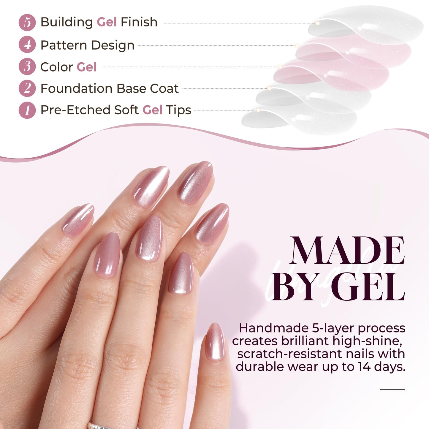 UNA GELLA Cat Eye Press On Nails: Almond Soft Gel Press Ons Short Kit with Nail Tips Glue on Nails, 16 Sizes - 32 Reusable Chrome Fake Nails Kit, Pink Rose