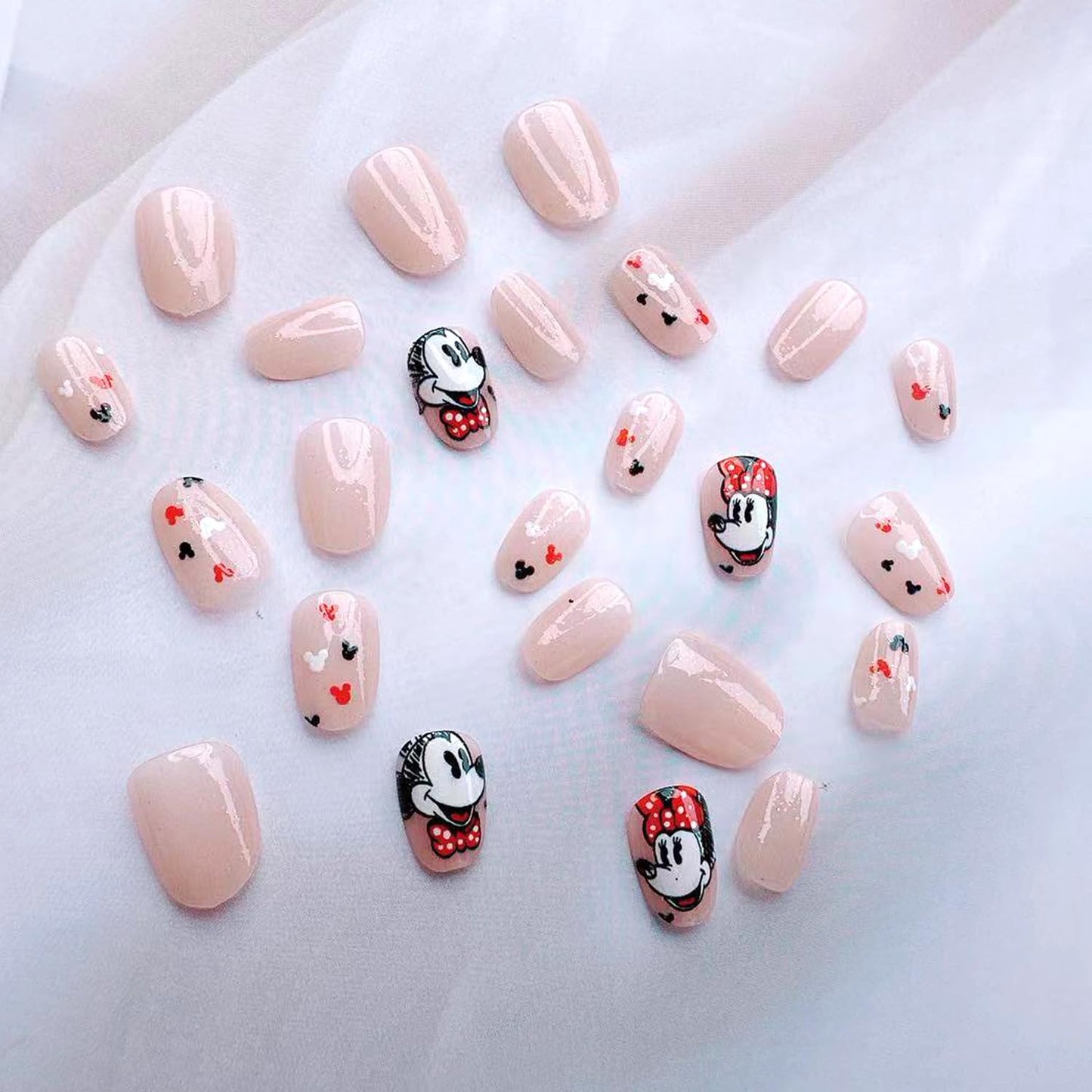 24Pcs Cute Press on Nails Short Fake Nails Tips Glitter Full Cover Nude False Nail for Women Artificial Reusable Nails Kit with Nail Jelly Glue Cartoon Press on Fashion False Nails Gifts