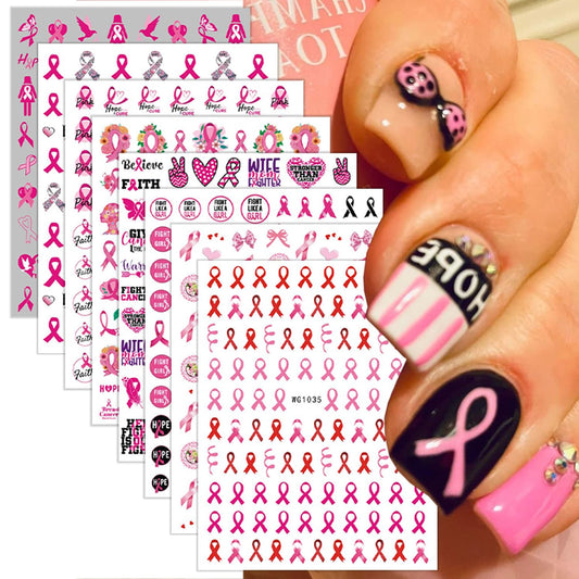 8 Sheets Pink Breast Cancer Awareness Nail Stickers for Nail Art Pink Ribbon Nail Decals 3D Self-Adhesive Breast Cancer Nail Art Stickers Heart Hope Letter Nail Design Decals for Women
